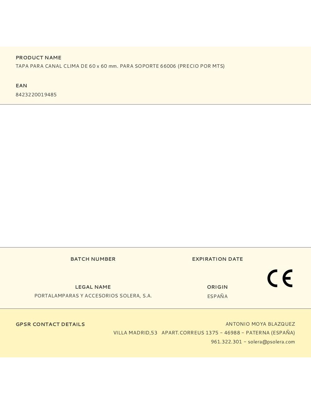 Tapa para canal clima de 60 x 60 mm. para soporte 66006 (precio por mts)