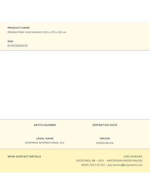 Mosquitera viaje blanco 220 x 170 x 130 cm