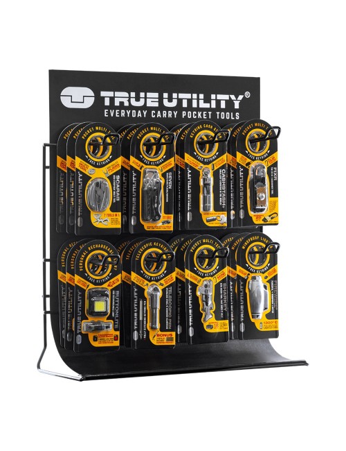 Expositor 8 ganchos true, metalico negro, con 8 referencias, 3 unidades de cada una, total 24 unidades, 41 x 20 x 45 cm