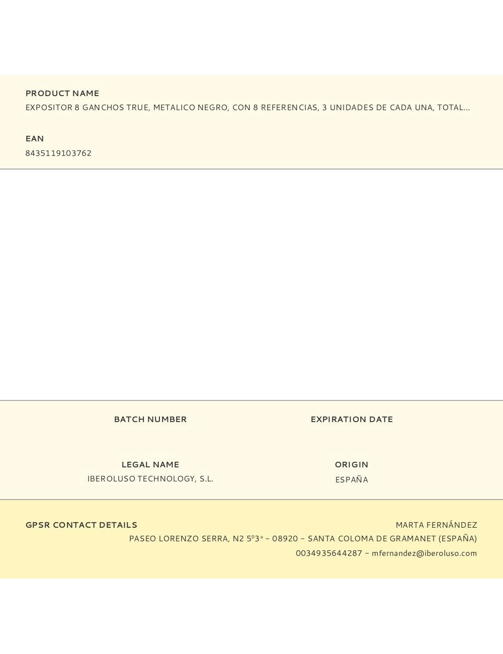 Expositor 8 ganchos true, metalico negro, con 8 referencias, 3 unidades de cada una, total 24 unidades, 41 x 20 x 45 cm