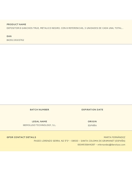 Expositor 8 ganchos true, metalico negro, con 8 referencias, 3 unidades de cada una, total 24 unidades, 41 x 20 x 45 cm