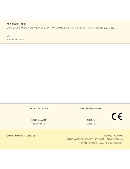 Conector rápido con palanca 3 vias, ø maximo 6 mm, 450 v , 41 a transparente 22,9 x 21,1 x 10,1 mm