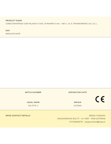 Conector rápido con palanca 5 vias, ø maximo 6 mm, 450 v , 41 a transparente 36 x 21,1 x 10,1 mm