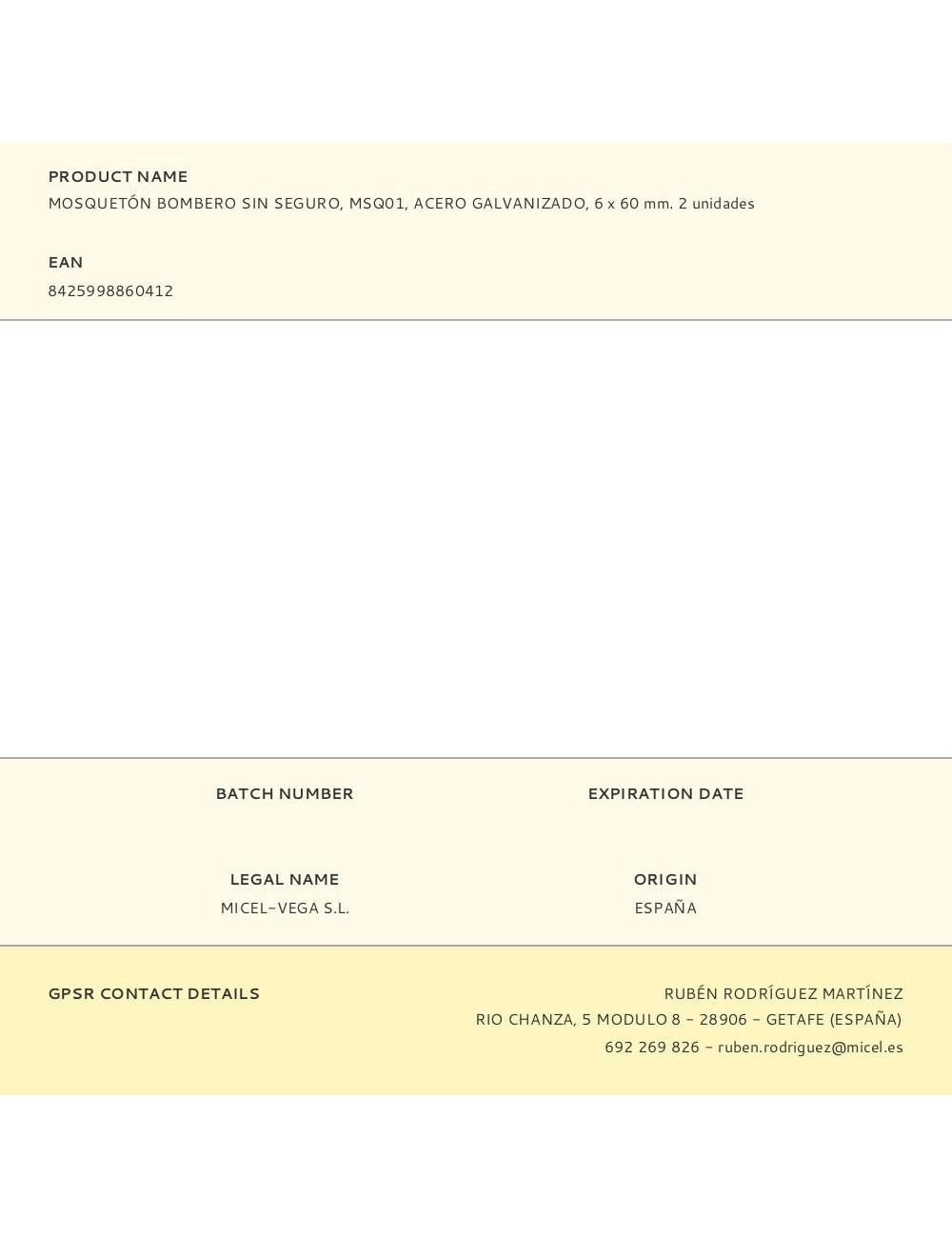 Mosquetón bombero sin seguro, msq01, acero galvanizado, 6 x 60 mm. 2 unidades