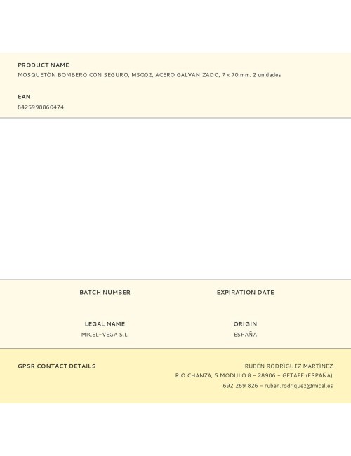 Mosquetón bombero con seguro, msq02, acero galvanizado, 7 x 70 mm. 2 unidades