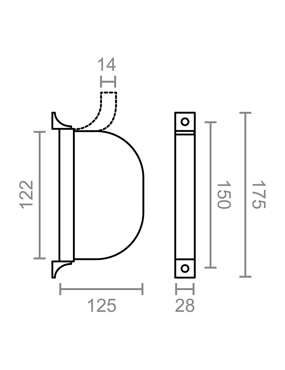 Recogedor exterior abatible pr02 14 mm blanco, 175 x 32 x 120 mm