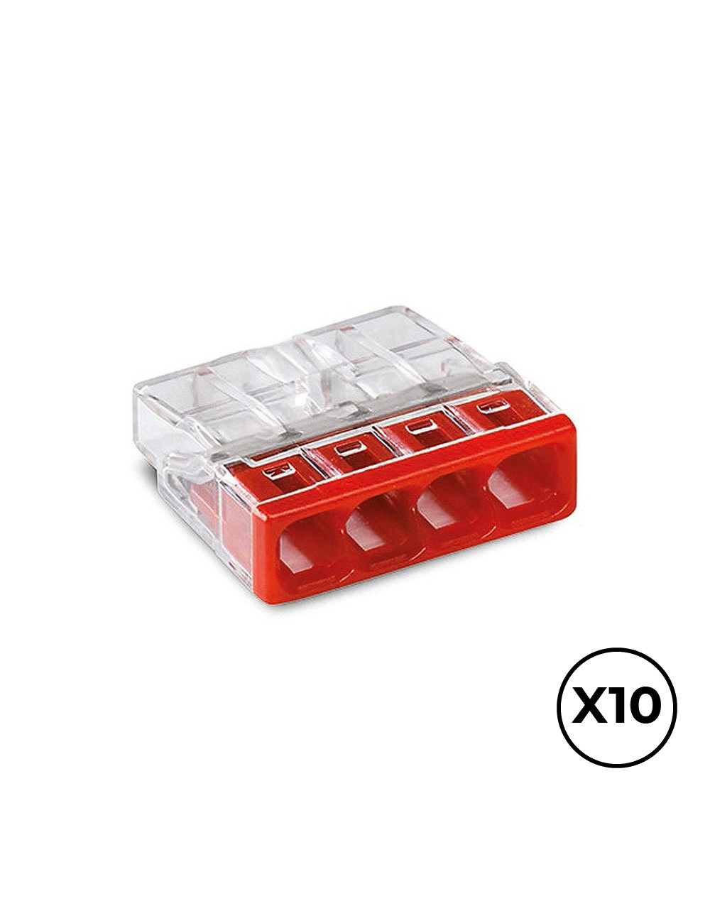 Conector rápido 4 vias, ø maximo 2,5 mm, transparente / roja, 10 uds