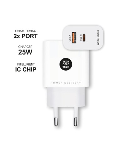 Cargador ultrarrápido 25 w usb-c + usb-a pd, blanco