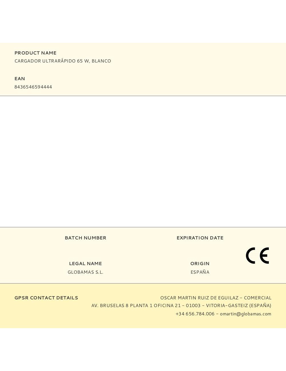 Cargador ultrarápido 65 w, blanco