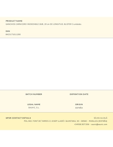 Ganchos carnicero inoxidable 18/8, 20 cm de longitud, blister 3 unidades