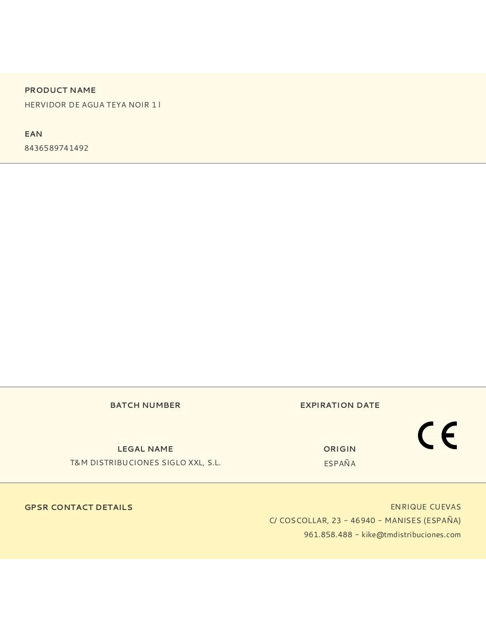 Hervidor de agua teya noir 1 l