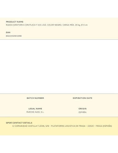 Rueda giratoria con placa y eje liso, color negro, carga máx. 20 kg, ø 4 cm