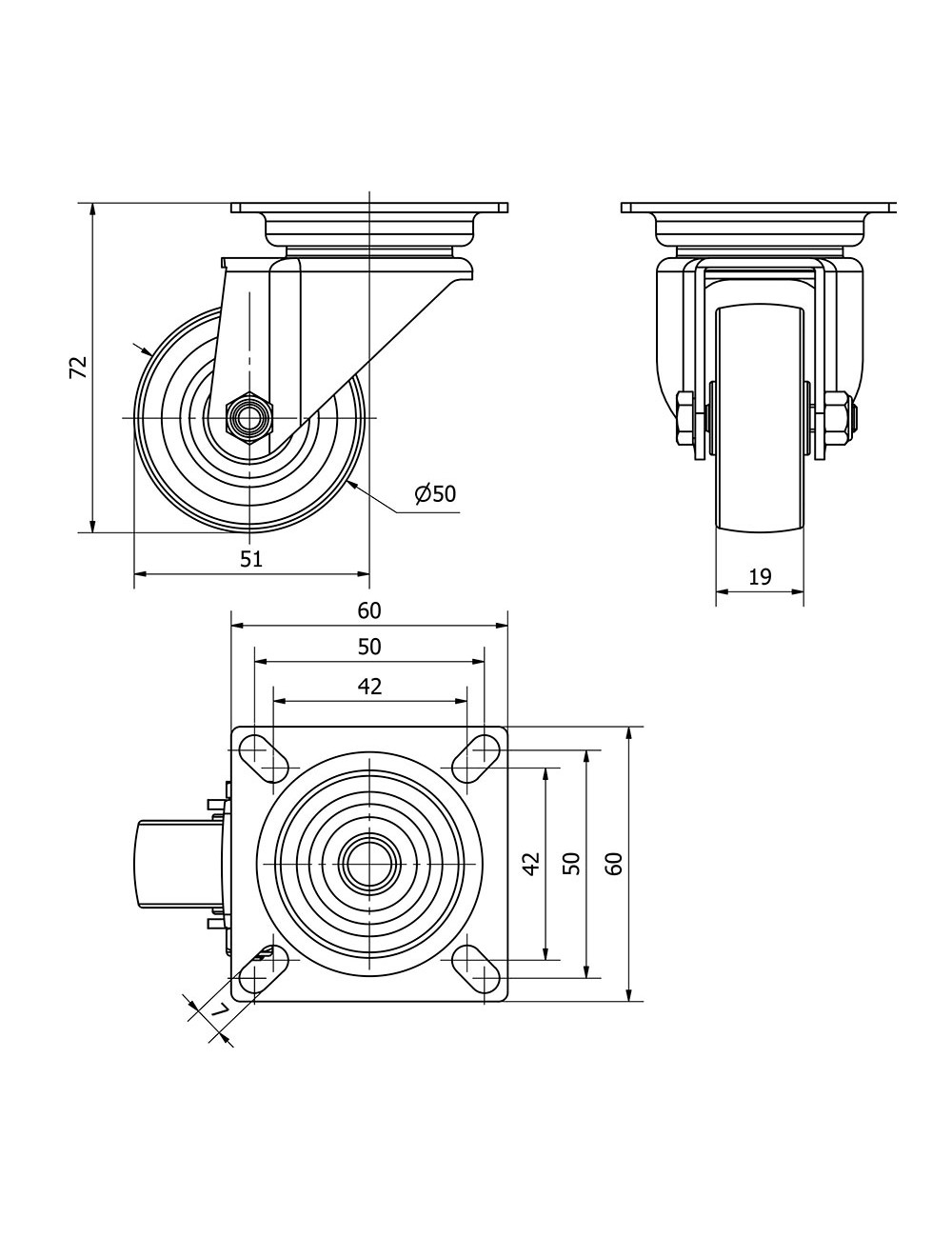 Rueda giratoria de goma con placa y eje liso, color gris, carga máx. 40 kg. ø 5 cm