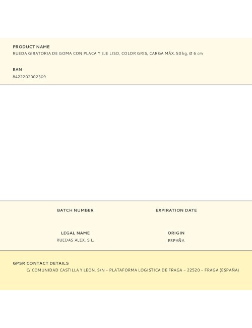 Rueda giratoria de goma con placa y eje liso, color gris, carga máx. 50 kg, ø 6 cm