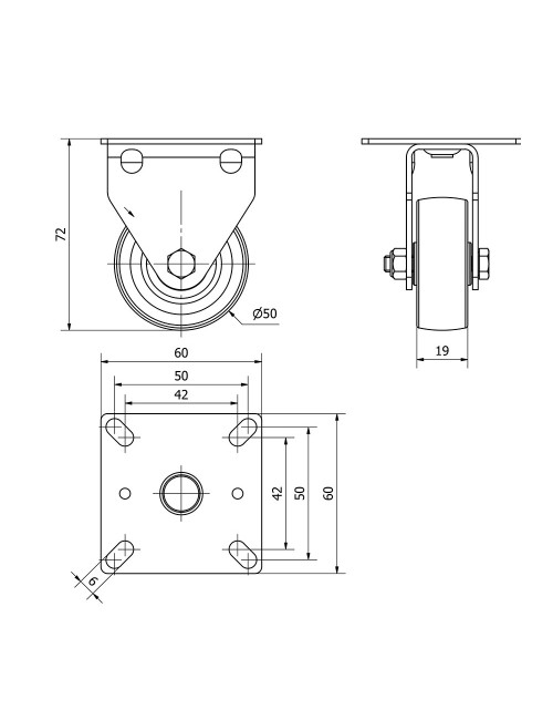 Rueda fija de goma con placa y eje liso, color gris, carga máx. 40 kg, ø 5 cm
