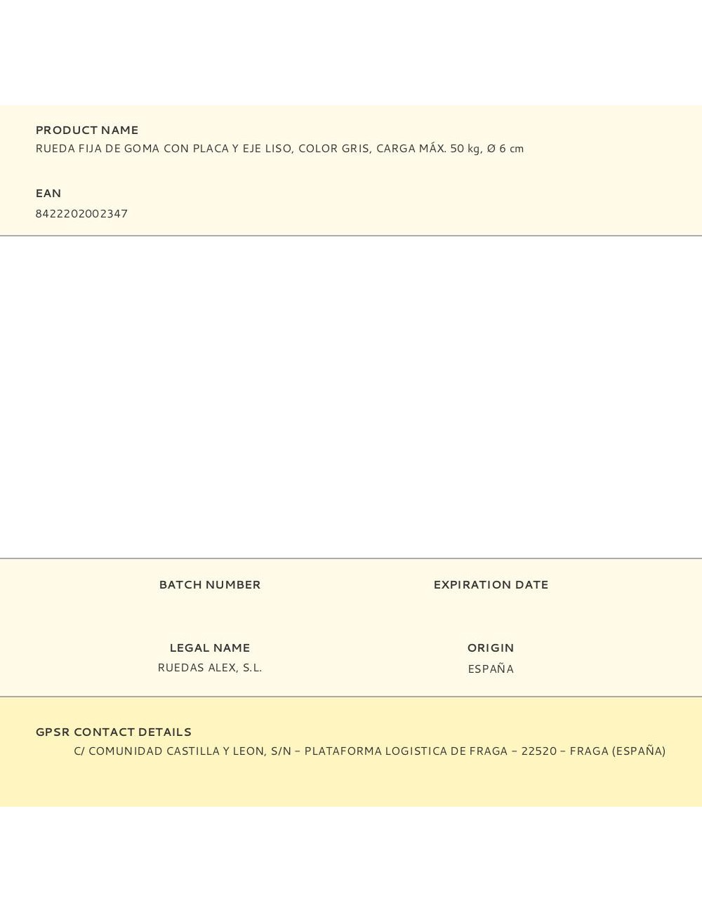 Rueda fija de goma con placa y eje liso, color gris, carga máx. 50 kg, ø 6 cm