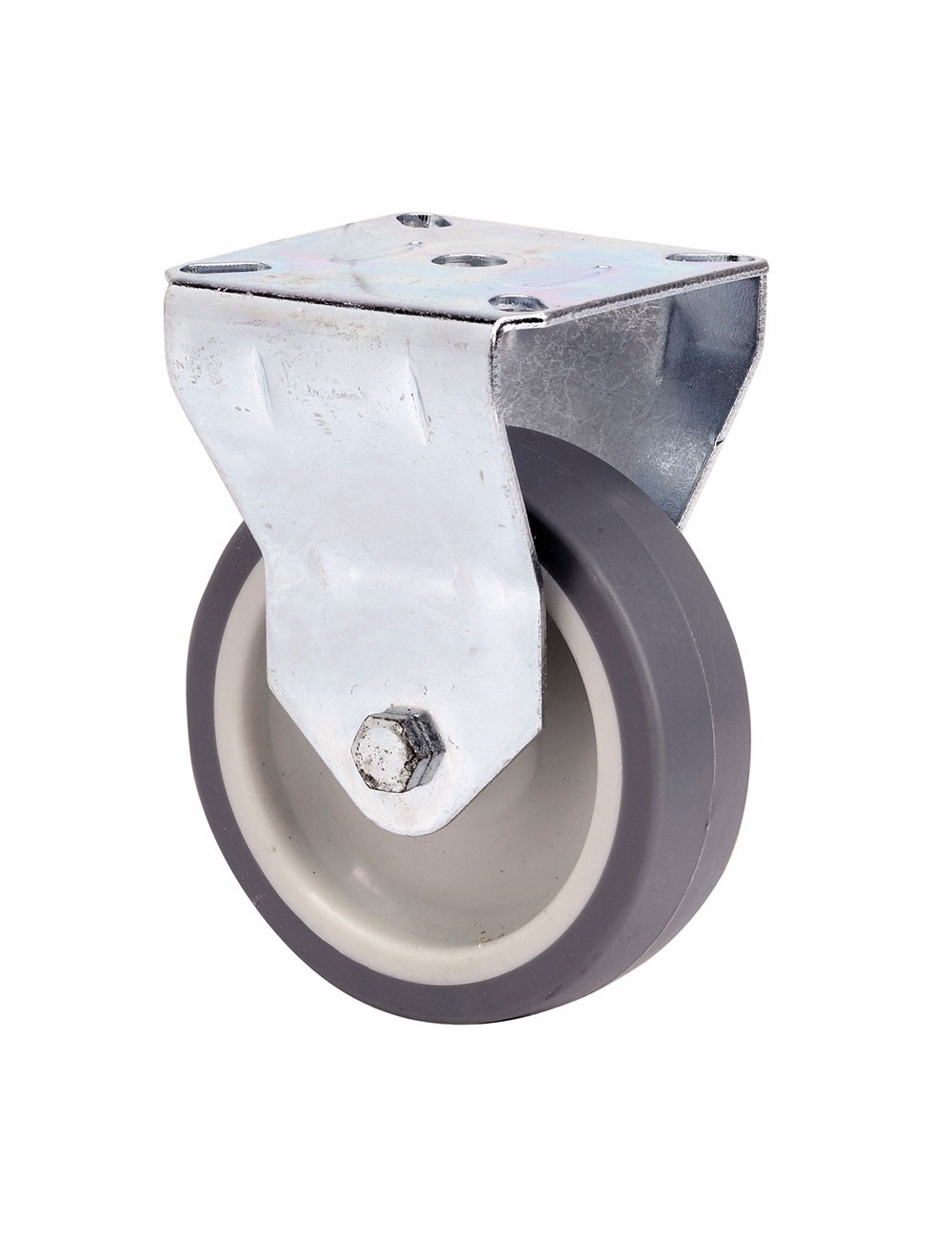 Rueda fija de goma con placa y eje liso, color gris, carga máx. 60 kg, ø 8 cm