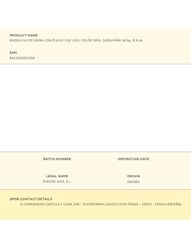 Rueda fija de goma con placa y eje liso, color gris, carga máx. 60 kg, ø 8 cm