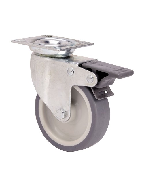 Rueda giratoria de goma con placa, eje liso y freno, color gris, carga máx. 40 kg, ø 5 cm