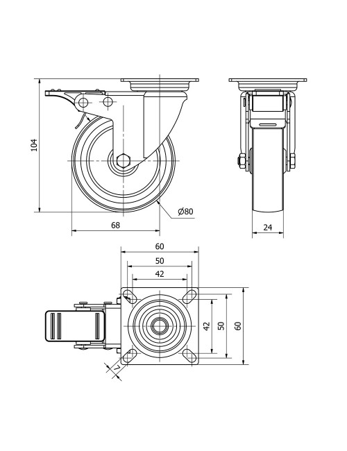 Rueda giratoria de goma con placa, eje liso y freno, color gris, carga máx. 60 kg, ø 8 cm
