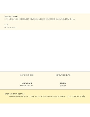 Rueda giratoria de goma con agujero y eje liso, color gris, carga máx. 17 kg, ø 4 cm