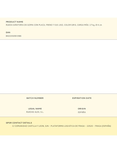 Rueda giratoria de goma con placa, freno y eje liso, color gris, carga máx. 17 kg, ø 4 cm