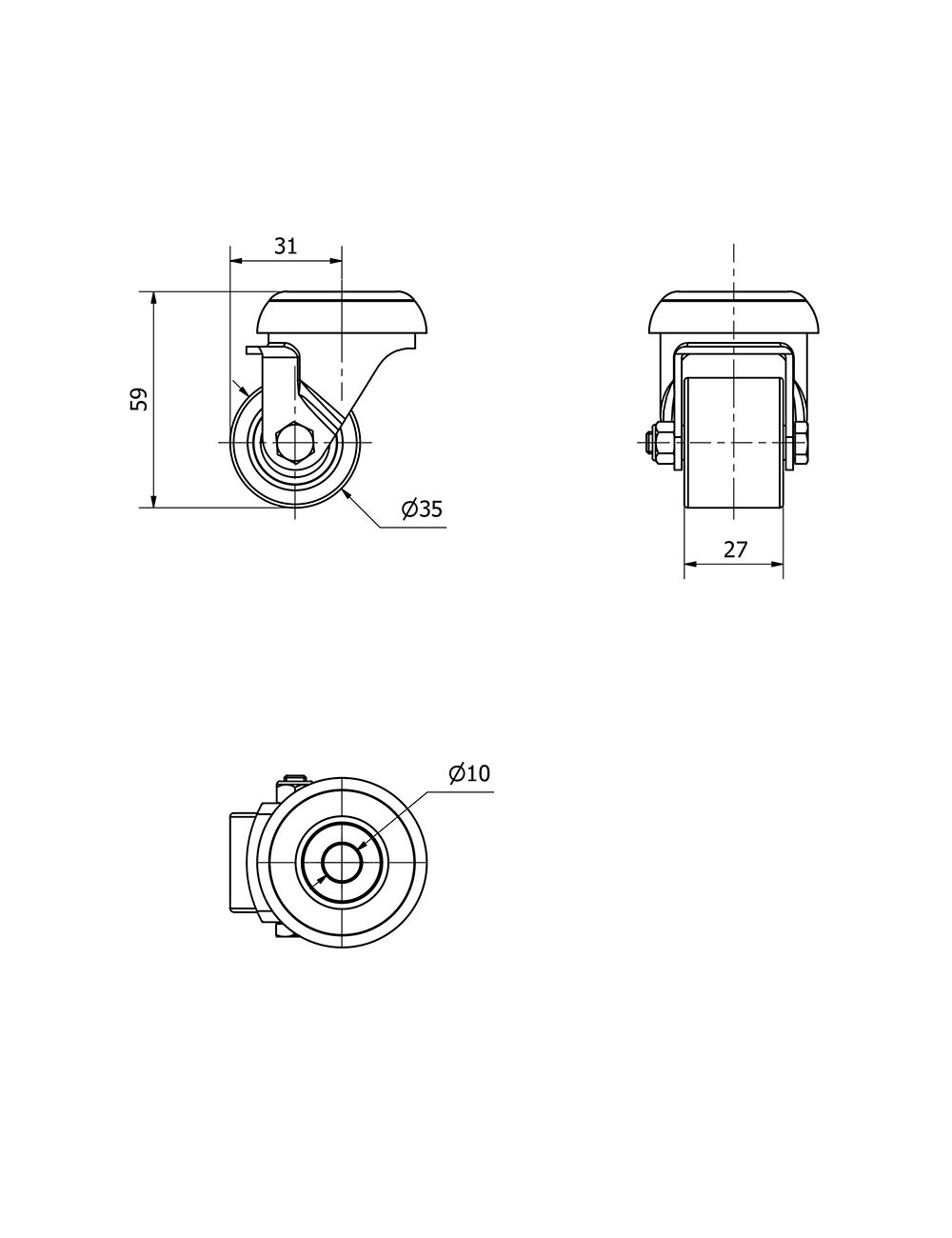 Rueda giratoria con agujero, rodamiento de bolas, color naranja, carga máx. 100 kg, ø 3,5 cm