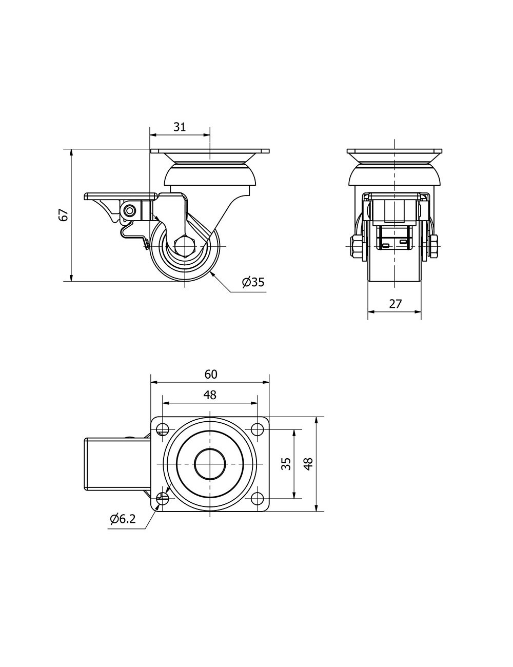 Rueda giratoria con placa y freno, rodamiento de bolas, color naranja, carga máx. 100 kg, ø 3,5 cm