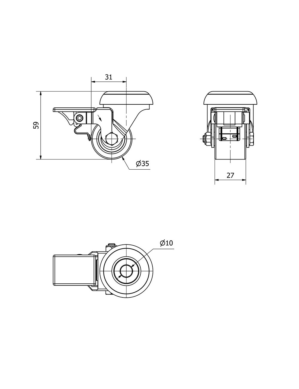 Rueda giratoria con agujero y freno, rodamiento de bolas, color naranja, carga máx. 100 kg, ø 3,5 cm