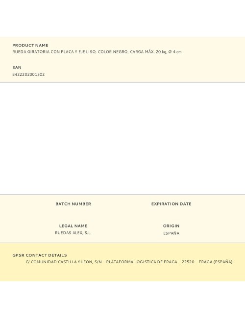 Rueda giratoria con placa y eje liso, color negro, carga máx. 20 kg, ø 4 cm