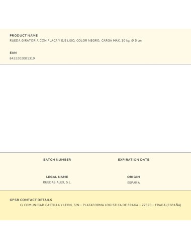 Rueda giratoria con placa y eje liso, color negro, carga máx. 30 kg, ø 5 cm