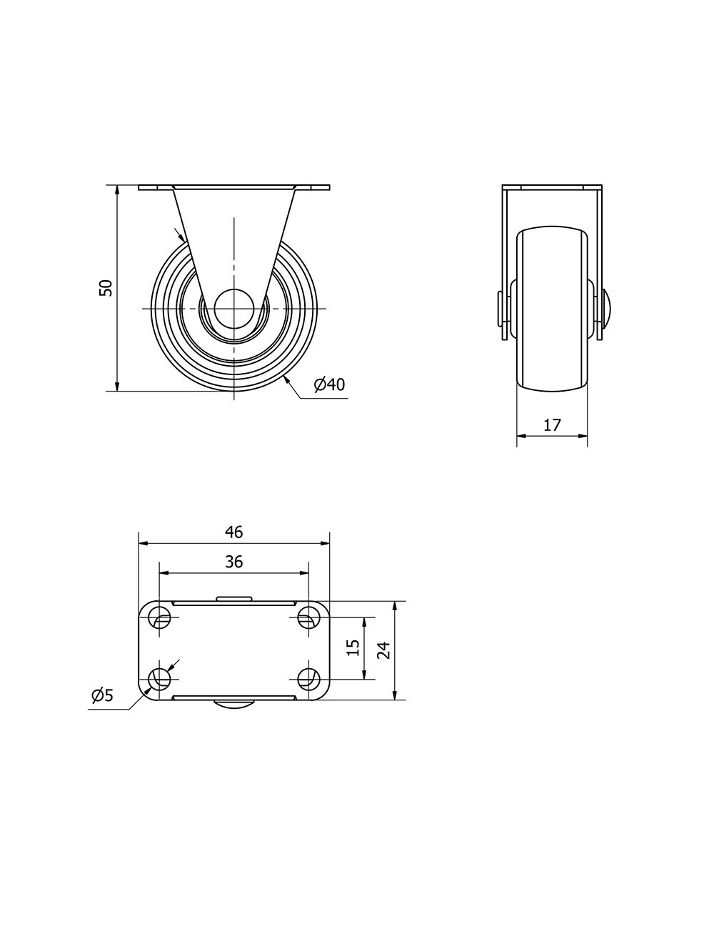 Rueda fija con placa y eje liso, color negro, carga máx. 20 kg, ø 4 cm
