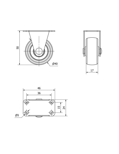 Rueda fija con placa y eje liso, color negro, carga máx. 20 kg, ø 4 cm