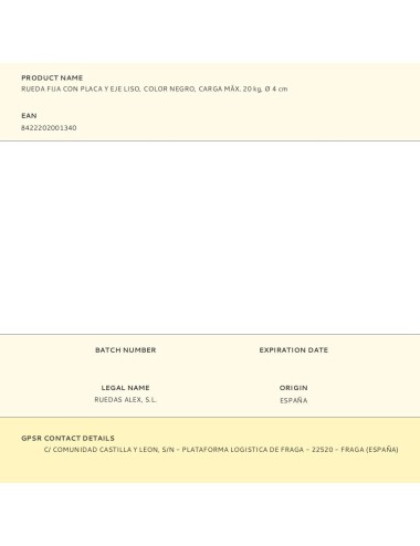 Rueda fija con placa y eje liso, color negro, carga máx. 20 kg, ø 4 cm