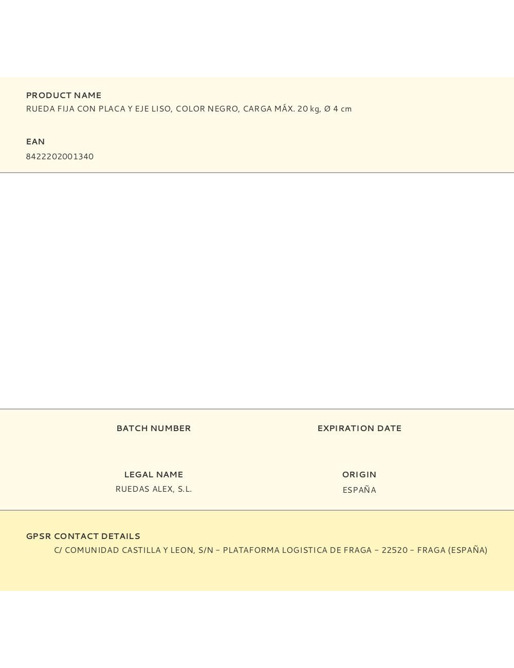 Rueda fija con placa y eje liso, color negro, carga máx. 20 kg, ø 4 cm