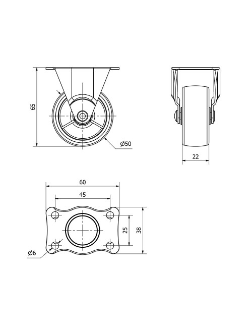 Rueda fija con placa y eje liso, color negro, carga máx. 30 kg, ø 5 cm