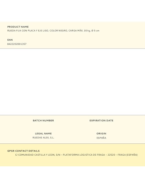 Rueda fija con placa y eje liso, color negro, carga máx. 30 kg, ø 5 cm