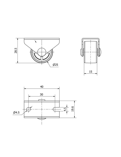 Rueda fija de goma con placa y eje liso de dos fijaciones, color gris, carga máx. 40 kg. ø 2,5 cm