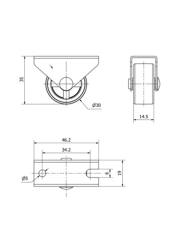 Rueda fija de goma con placa y eje liso de dos fijaciones, color gris, carga máx. 45 kg. ø 3 cm