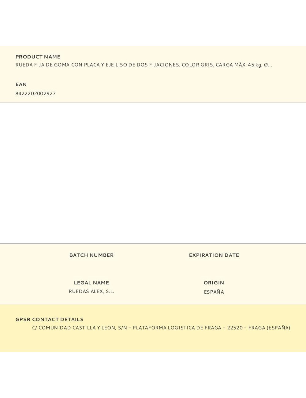 Rueda fija de goma con placa y eje liso de dos fijaciones, color gris, carga máx. 45 kg. ø 3 cm