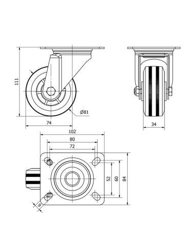 Rueda giratoria de goma natural con placa y eje liso, color negro, carga máx. 60 kg, ø 8 cm