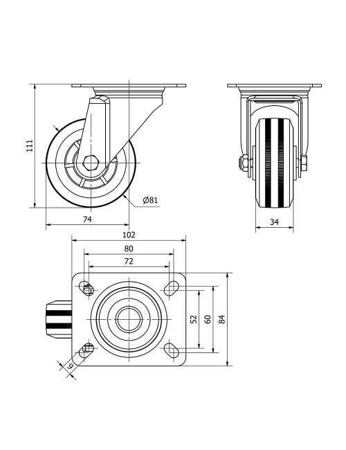 Rueda giratoria de goma natural con placa y eje liso, color negro, carga máx. 60 kg, ø 8 cm