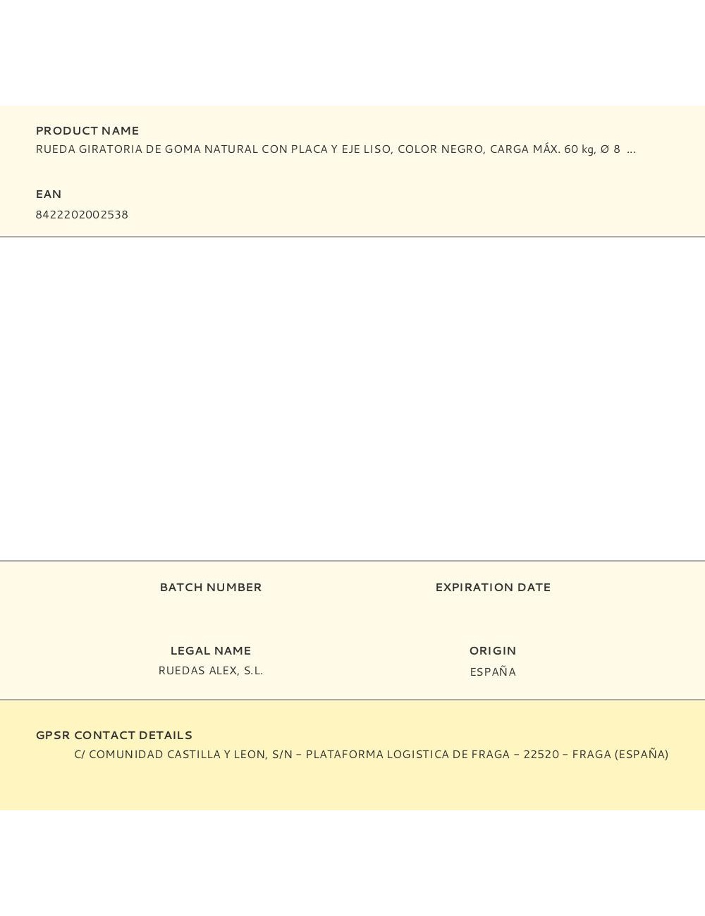 Rueda giratoria de goma natural con placa y eje liso, color negro, carga máx. 60 kg, ø 8 cm