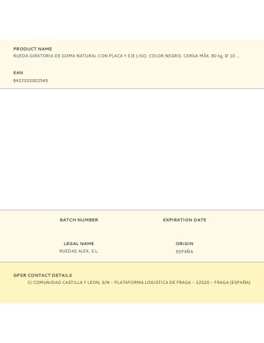 Rueda giratoria de goma natural con placa y eje liso, color negro, carga máx. 80 kg, ø 10 cm