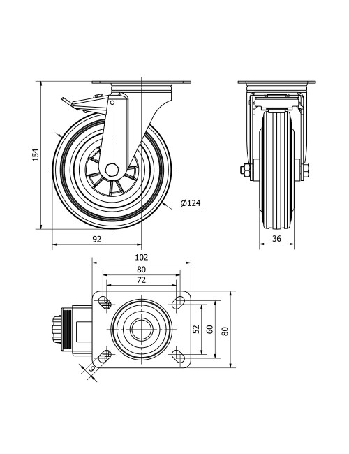 Rueda giratoria de goma natural con placa, eje liso y freno, color negro, carga máx. 110 kg, ø 12,5 cm