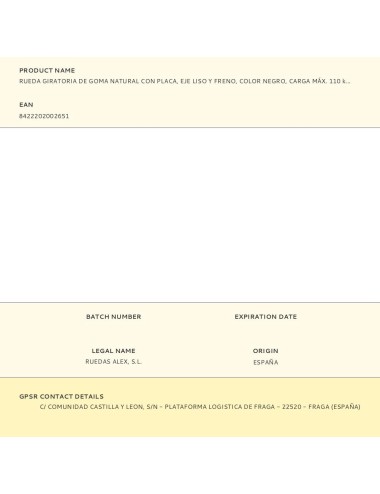 Rueda giratoria de goma natural con placa, eje liso y freno, color negro, carga máx. 110 kg, ø 12,5 cm