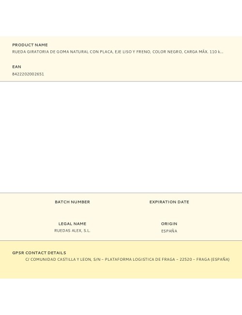 Rueda giratoria de goma natural con placa, eje liso y freno, color negro, carga máx. 110 kg, ø 12,5 cm