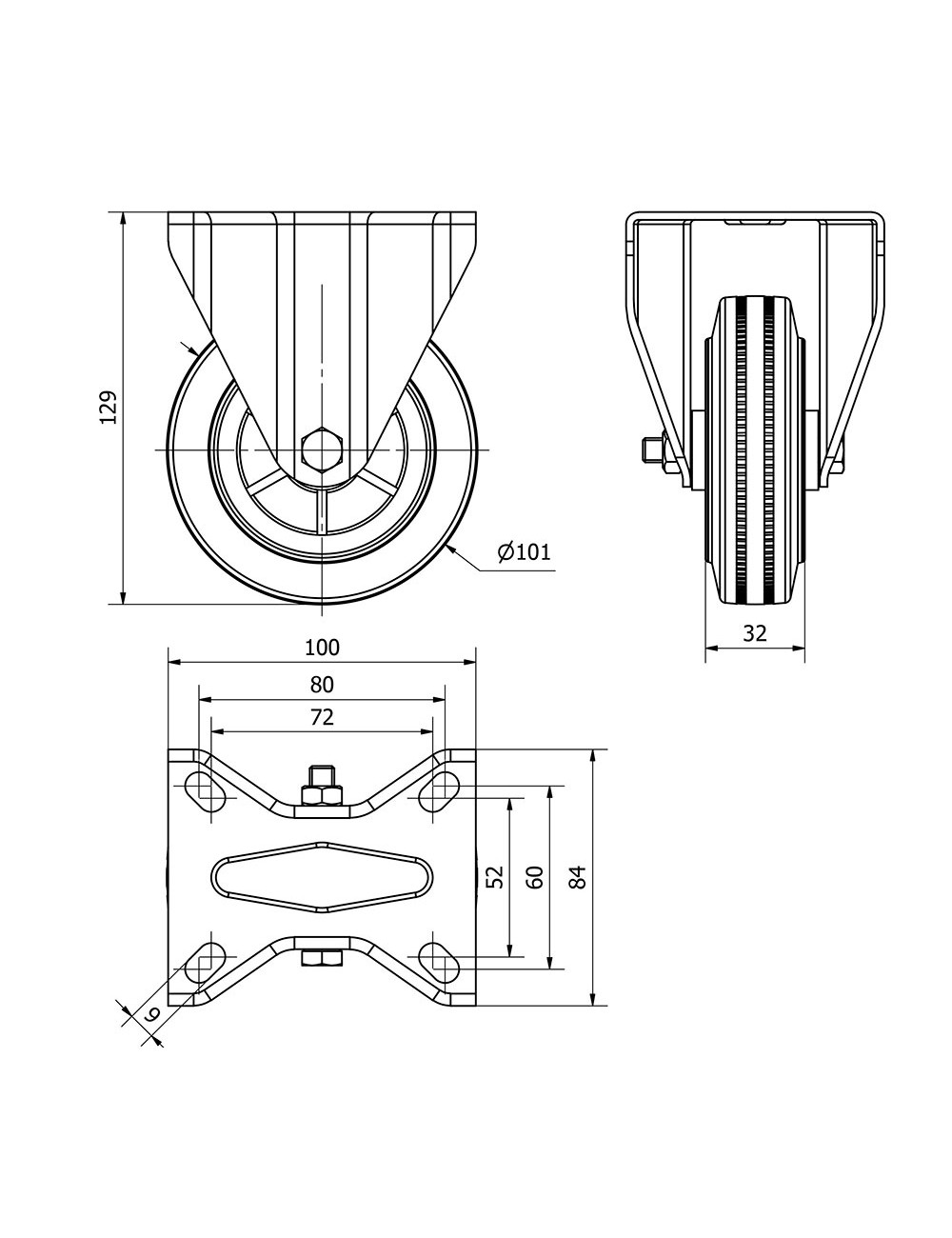 Rueda fija de goma natural con placa y eje liso, color negro, carga máx. 80 kg, ø 10 cm