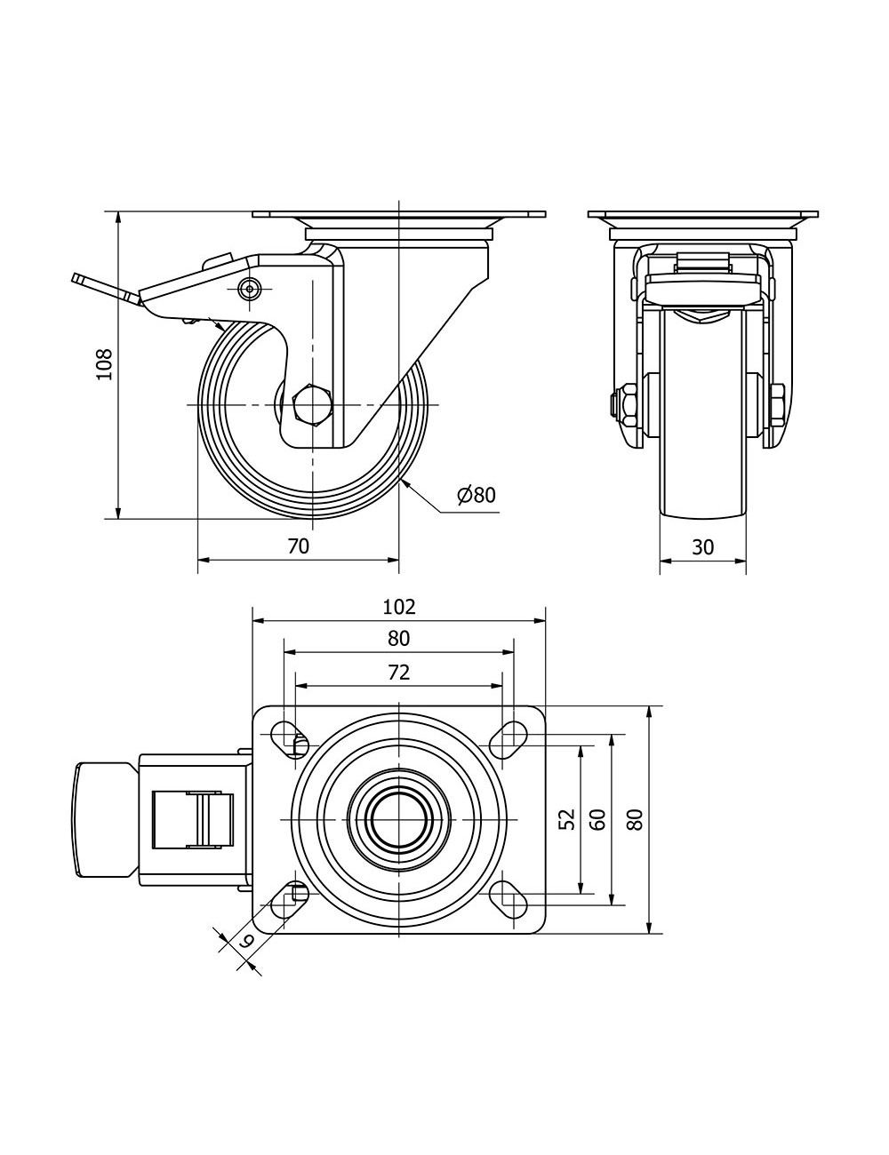 Rueda giratoria de poliamix con placa, eje liso y freno, color blanco, carga máx. 130 kg, ø 8 cm