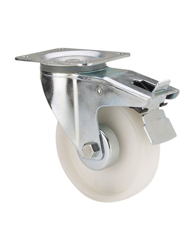 Rueda giratoria de poliamix con placa, eje liso y freno, color blanco, carga máx.170 kg, ø 12,5 cm